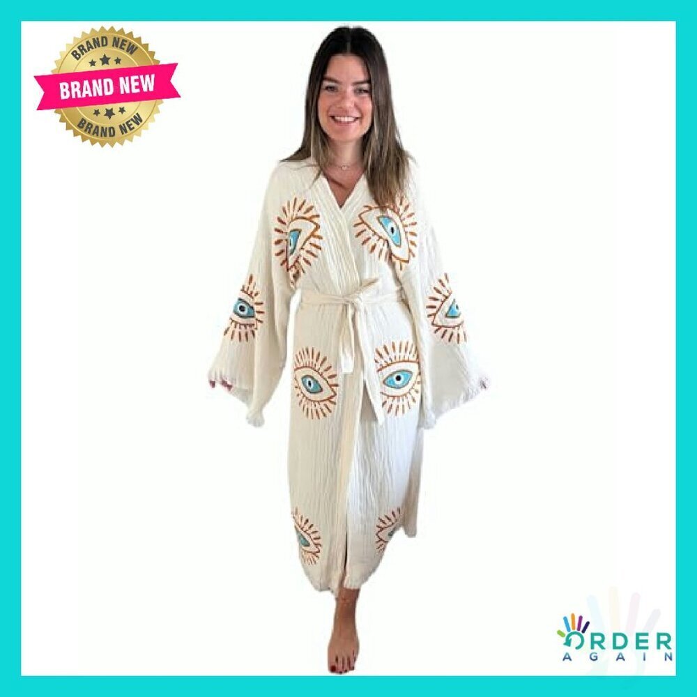 Handmade Evil Eye Kimono Boho Cotton Cardigan Festival Beach Cover Up - Picture 5 of 8